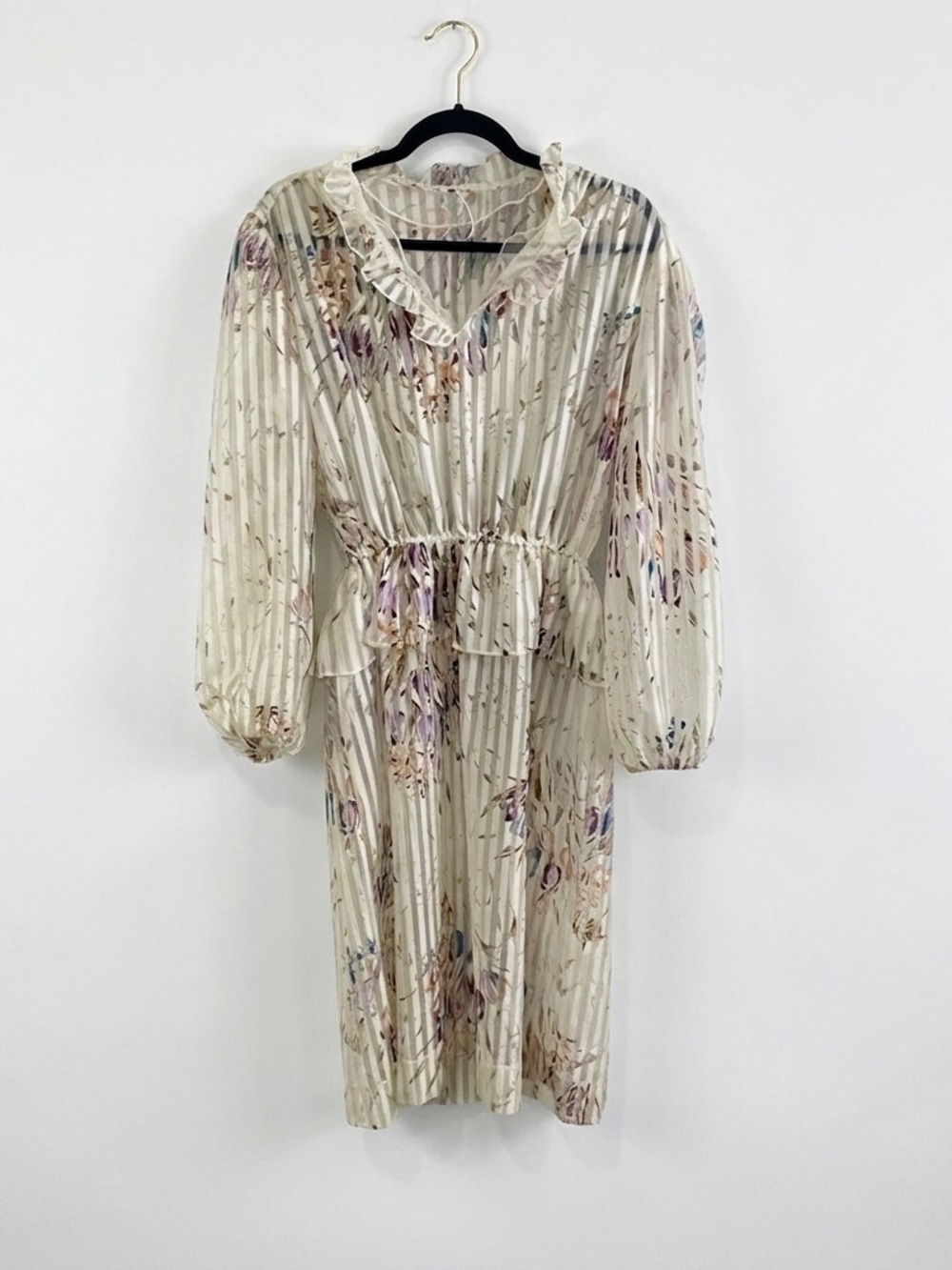 Vintage‎ Floral Striped Peplum Midi Dress Ruffle Neck Cottagecore Sheer